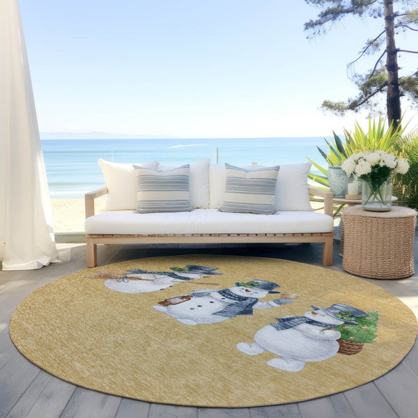 HomeRoots 8' Round Snowmen Area Rug in Gold, Denim Blue & Ivory - Washable, Durable for Indoor & Outdoor Use! 621756