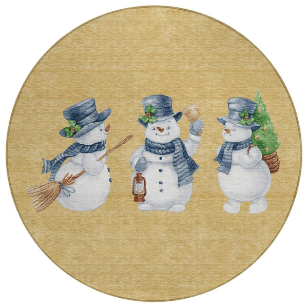 HomeRoots 8' Round Snowmen Area Rug in Gold, Denim Blue & Ivory - Washable, Durable for Indoor & Outdoor Use! 621756