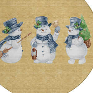 HomeRoots 8' Round Snowmen Area Rug in Gold, Denim Blue & Ivory - Washable, Durable for Indoor & Outdoor Use! 621756