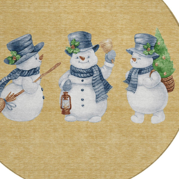 HomeRoots 8' Round Snowmen Area Rug in Gold, Denim Blue & Ivory - Washable, Durable for Indoor & Outdoor Use! 621756