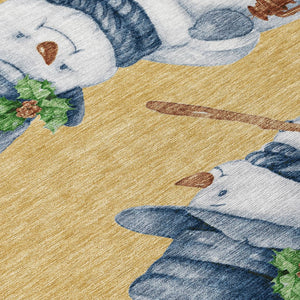 HomeRoots 8' Round Snowmen Area Rug in Gold, Denim Blue & Ivory - Washable, Durable for Indoor & Outdoor Use! 621756