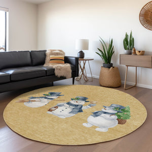 HomeRoots 8' Round Snowmen Area Rug in Gold, Denim Blue & Ivory - Washable, Durable for Indoor & Outdoor Use! 621756