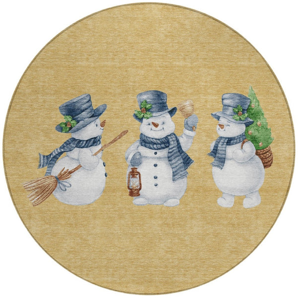 HomeRoots 8' Round Snowmen Area Rug in Gold, Denim Blue & Ivory - Washable, Durable for Indoor & Outdoor Use! 621756