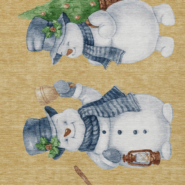 HomeRoots 8' X 10' Snowmen Area Rug in Gold, Denim Blue & Ivory – Stylish, Washable Indoor/Outdoor Charm! 621757