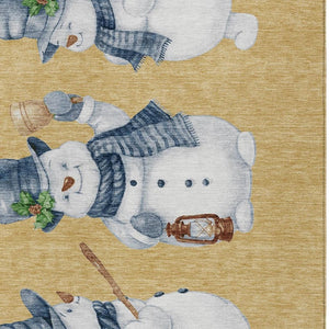 HomeRoots 9' X 12' Festive Snowmen Area Rug in Gold, Denim Blue & Ivory - Durable, Washable & Stylish for All Spaces 621758