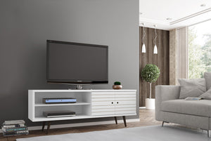 English Elm Liberty 63" Modern White Tv Stand With Mid-Century Legs, Storage Shelves & Easy Assembly Option B365P398389