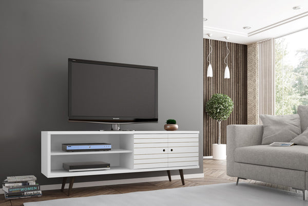 English Elm Liberty 63" Modern White Tv Stand With Mid-Century Legs, Storage Shelves & Easy Assembly Option B365P398389