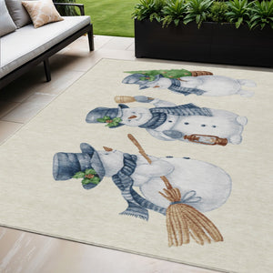HomeRoots 5' X 8' Snowmen Area Rug - Ivory & Denim Blue, Durable Indoor/Outdoor, Machine Washable Charm! 621761