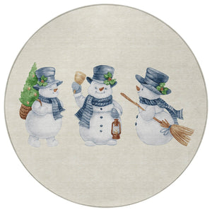HomeRoots 8' Ivory and Denim Blue Round Snowmen Area Rug - Whimsical, Washable, Durable for Indoor & Outdoor Use 621762