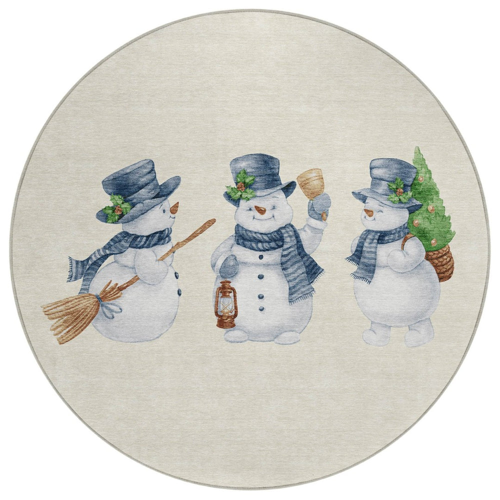 HomeRoots 8' Ivory and Denim Blue Round Snowmen Area Rug - Whimsical, Washable, Durable for Indoor & Outdoor Use 621762