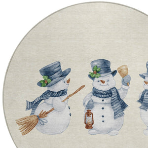 HomeRoots 8' Ivory and Denim Blue Round Snowmen Area Rug - Whimsical, Washable, Durable for Indoor & Outdoor Use 621762