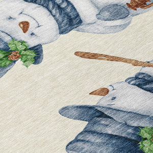 HomeRoots 8' Ivory and Denim Blue Round Snowmen Area Rug - Whimsical, Washable, Durable for Indoor & Outdoor Use 621762