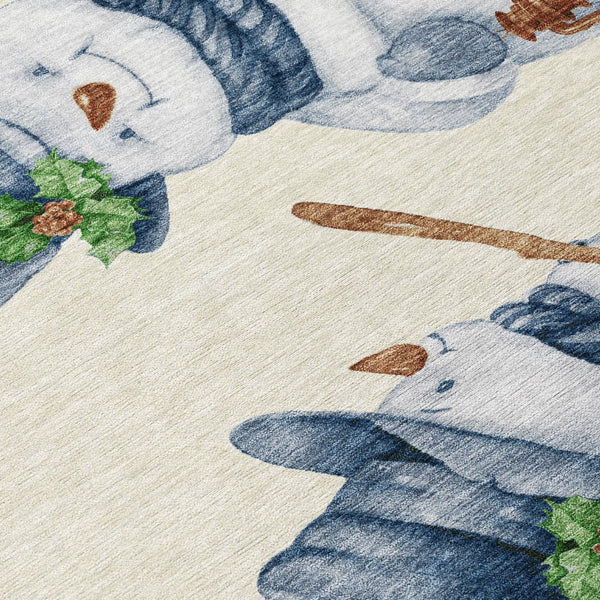 HomeRoots 8' Ivory and Denim Blue Round Snowmen Area Rug - Whimsical, Washable, Durable for Indoor & Outdoor Use 621762