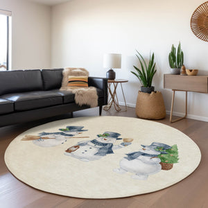 HomeRoots 8' Ivory and Denim Blue Round Snowmen Area Rug - Whimsical, Washable, Durable for Indoor & Outdoor Use 621762