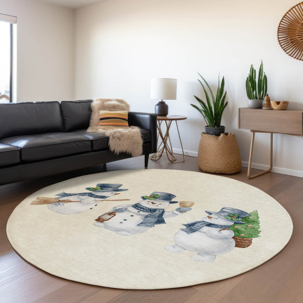 HomeRoots 8' Ivory and Denim Blue Round Snowmen Area Rug - Whimsical, Washable, Durable for Indoor & Outdoor Use 621762