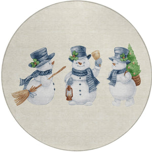 HomeRoots 8' Ivory and Denim Blue Round Snowmen Area Rug - Whimsical, Washable, Durable for Indoor & Outdoor Use 621762