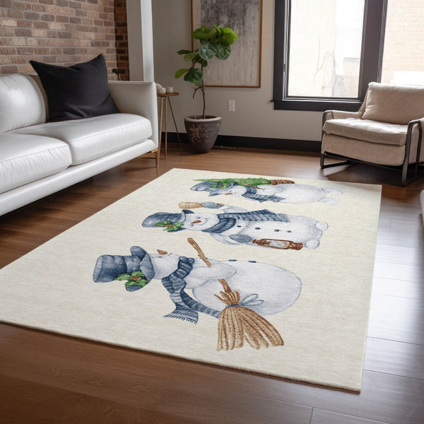 HomeRoots 8' X 10' Snowmen Area Rug in Ivory & Denim Blue - Durable, Washable for Indoor & Outdoor Use 621763