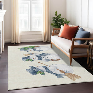 HomeRoots 8' X 10' Snowmen Area Rug in Ivory & Denim Blue - Durable, Washable for Indoor & Outdoor Use 621763
