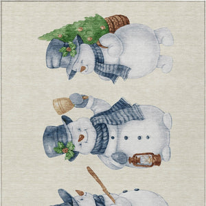 HomeRoots 9' X 12' Ivory and Denim Blue Snowmen Rug - Durable, Washable Area Rug for Indoor and Outdoor Spaces 621764