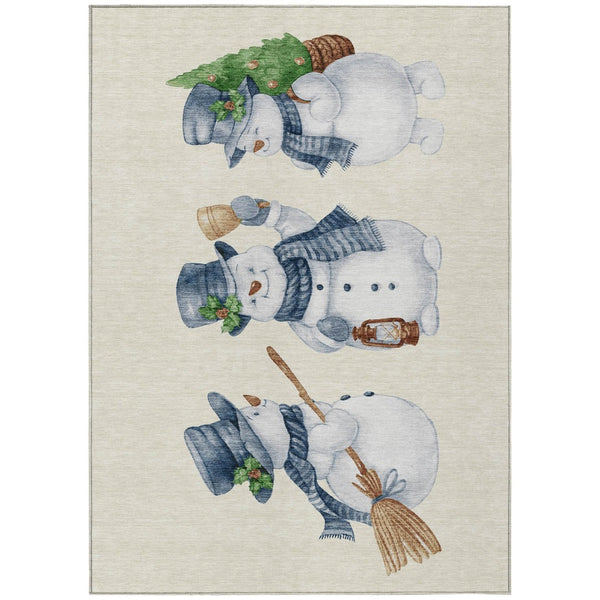 HomeRoots 9' X 12' Ivory and Denim Blue Snowmen Rug - Durable, Washable Area Rug for Indoor and Outdoor Spaces 621764