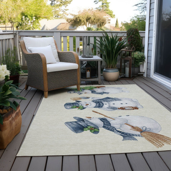 HomeRoots 9' X 12' Ivory and Denim Blue Snowmen Rug - Durable, Washable Area Rug for Indoor and Outdoor Spaces 621764
