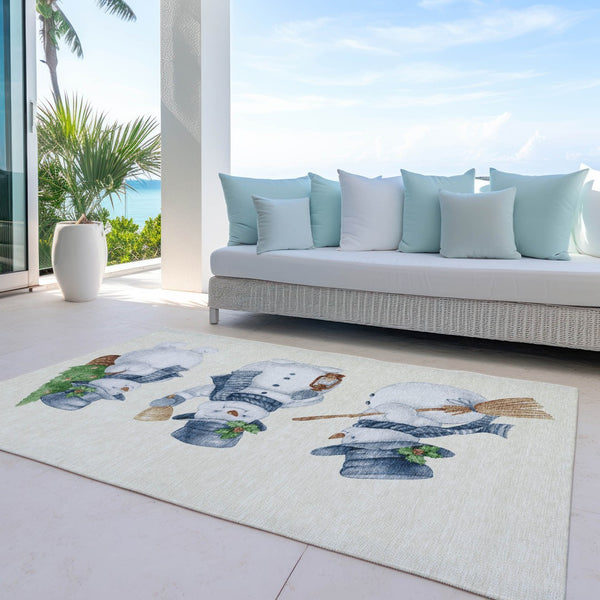 HomeRoots 10' X 14' Snowmen Area Rug - Washable Ivory & Denim Blue Design for Indoor/Outdoor Spaces, Durable & Cozy 621765