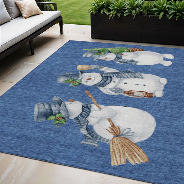 HomeRoots 5' X 8' Navy Blue Snowmen Area Rug - Washable, Non-Slip, Indoor/Outdoor Durable Accent for Homes 621767