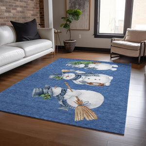 HomeRoots 5' X 8' Navy Blue Snowmen Area Rug - Washable, Non-Slip, Indoor/Outdoor Durable Accent for Homes 621767