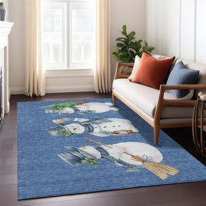 HomeRoots 5' X 8' Navy Blue Snowmen Area Rug - Washable, Non-Slip, Indoor/Outdoor Durable Accent for Homes 621767