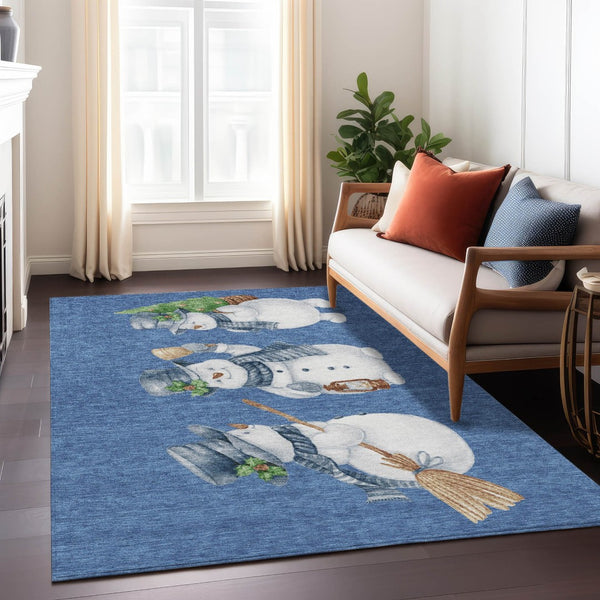 HomeRoots 5' X 8' Navy Blue Snowmen Area Rug - Washable, Non-Slip, Indoor/Outdoor Durable Accent for Homes 621767