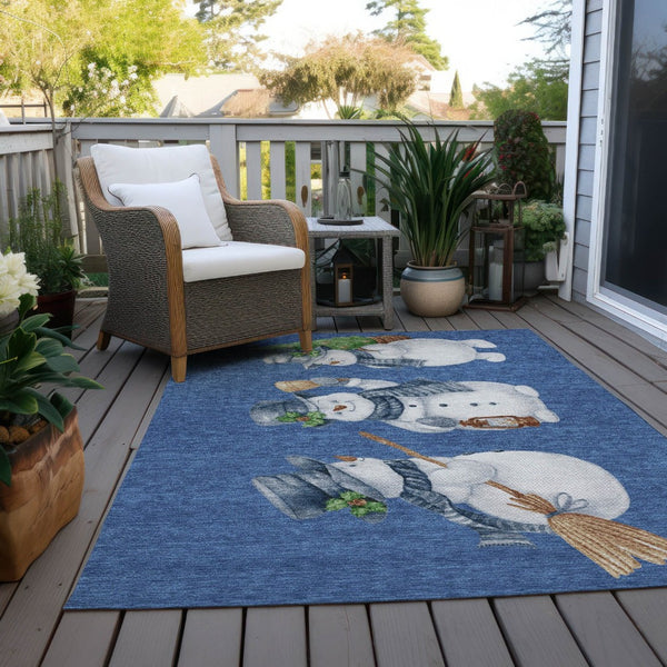 HomeRoots 5' X 8' Navy Blue Snowmen Area Rug - Washable, Non-Slip, Indoor/Outdoor Durable Accent for Homes 621767