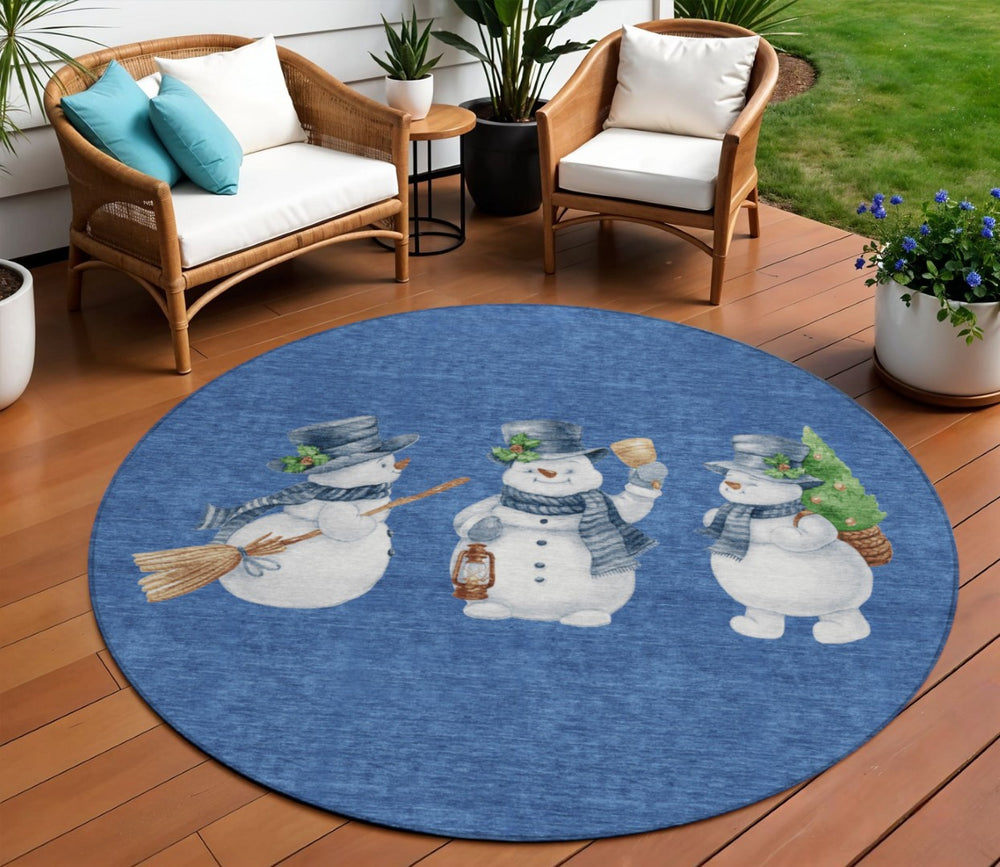 HomeRoots 8' Navy Blue Denim Snowmen Area Rug - Washable, Weather-Resistant, Perfect for Indoor & Outdoor Use 621768