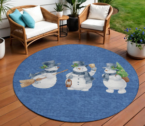 HomeRoots 8' Navy Blue Denim Snowmen Area Rug - Washable, Weather-Resistant, Perfect for Indoor & Outdoor Use 621768