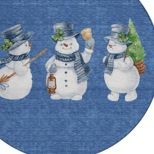 HomeRoots 8' Navy Blue Denim Snowmen Area Rug - Washable, Weather-Resistant, Perfect for Indoor & Outdoor Use 621768