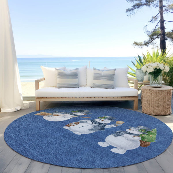 HomeRoots 8' Navy Blue Denim Snowmen Area Rug - Washable, Weather-Resistant, Perfect for Indoor & Outdoor Use 621768