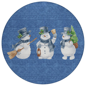 HomeRoots 8' Navy Blue Denim Snowmen Area Rug - Washable, Weather-Resistant, Perfect for Indoor & Outdoor Use 621768