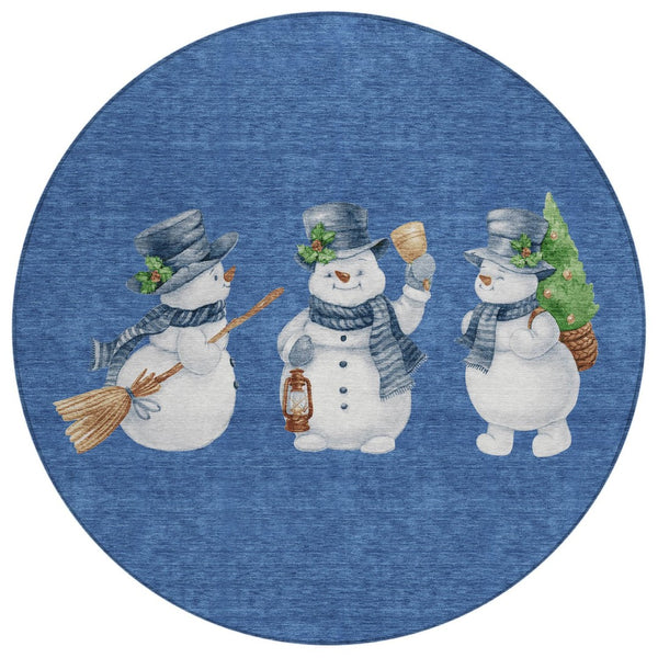 HomeRoots 8' Navy Blue Denim Snowmen Area Rug - Washable, Weather-Resistant, Perfect for Indoor & Outdoor Use 621768