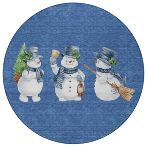 HomeRoots 8' Navy Blue Denim Snowmen Area Rug - Washable, Weather-Resistant, Perfect for Indoor & Outdoor Use 621768