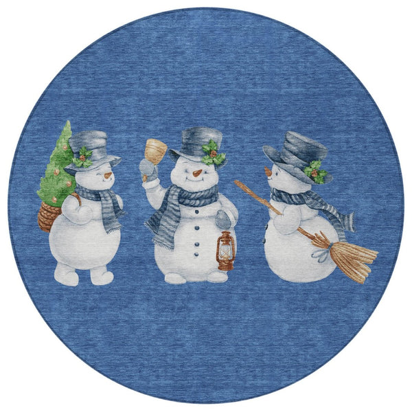 HomeRoots 8' Navy Blue Denim Snowmen Area Rug - Washable, Weather-Resistant, Perfect for Indoor & Outdoor Use 621768