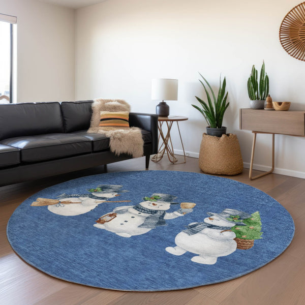 HomeRoots 8' Navy Blue Denim Snowmen Area Rug - Washable, Weather-Resistant, Perfect for Indoor & Outdoor Use 621768
