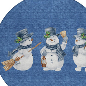 HomeRoots 8' Navy Blue Denim Snowmen Area Rug - Washable, Weather-Resistant, Perfect for Indoor & Outdoor Use 621768