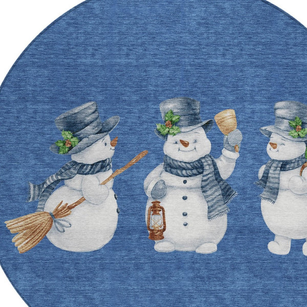 HomeRoots 8' Navy Blue Denim Snowmen Area Rug - Washable, Weather-Resistant, Perfect for Indoor & Outdoor Use 621768