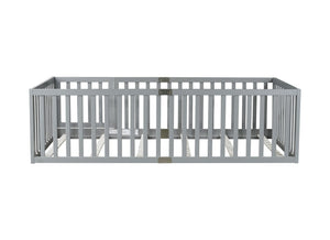 English Elm Twin House Frame Floor Bed Rubberwood with Roof Canopy and Safety Rails for Kids Grey W504P429537