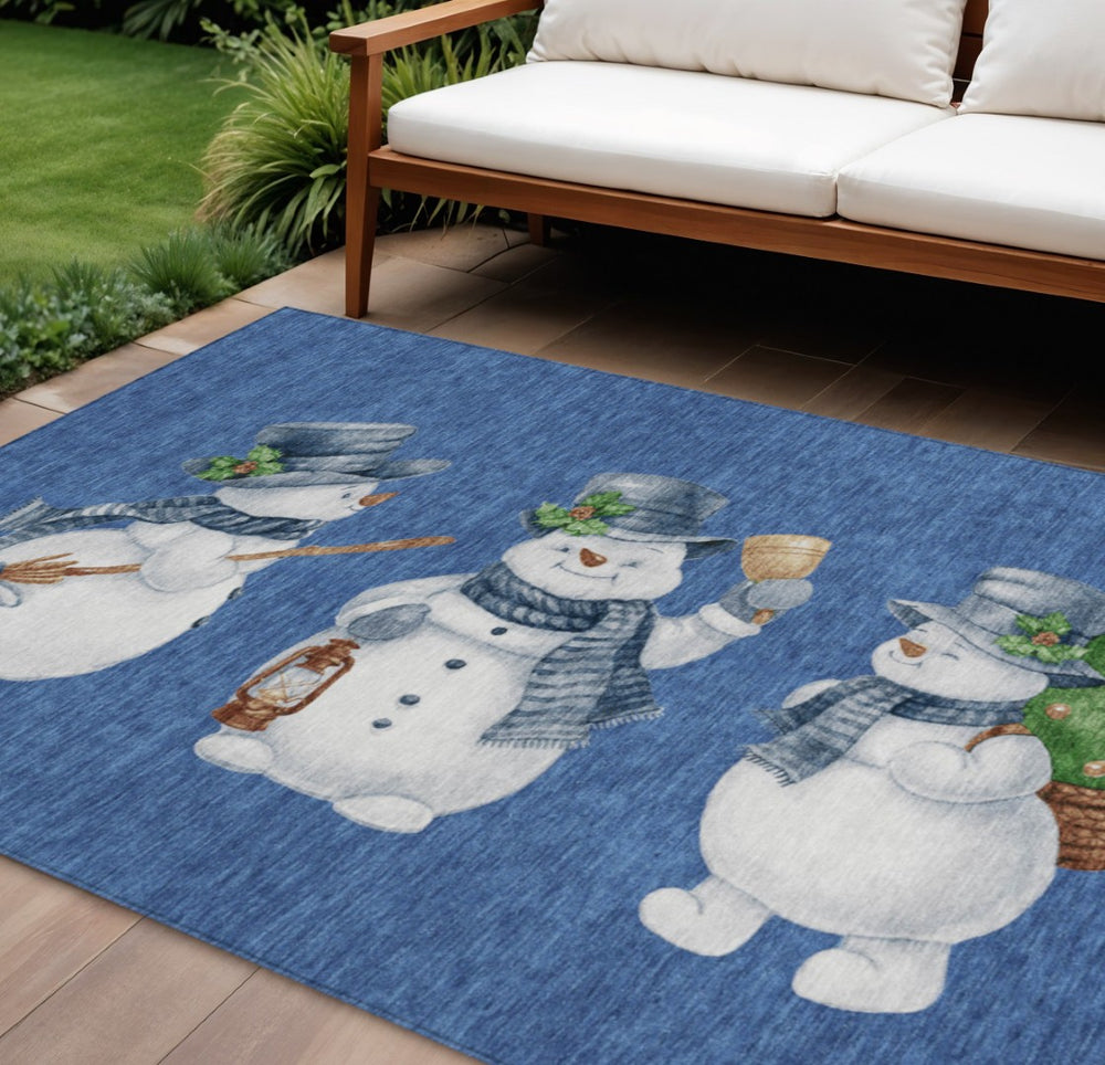 HomeRoots 10' Navy Blue Snowmen Indoor Outdoor Area Rug – Durable, Washable, Non-Slip, Perfect for High-Traffic Areas! 621771