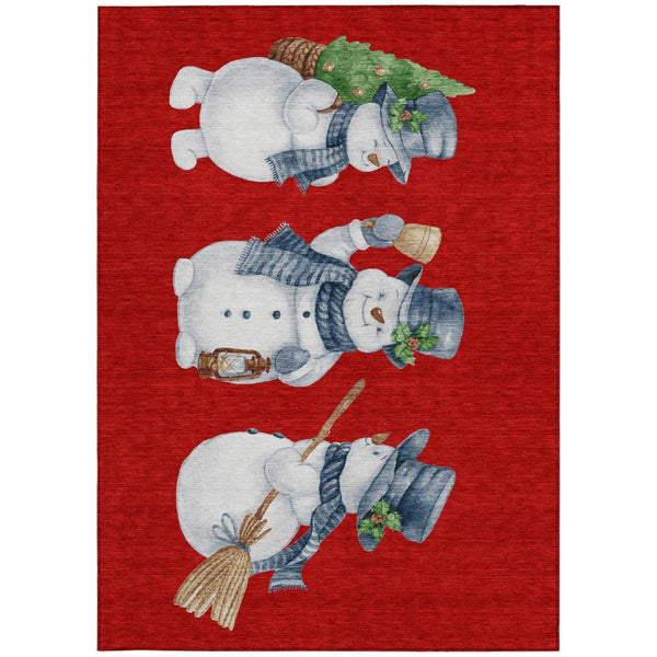 HomeRoots 5' X 8' Cheerful Snowmen Area Rug - Washable, Durable, Perfect for Indoor & Outdoor Use, Red & Blue 621773