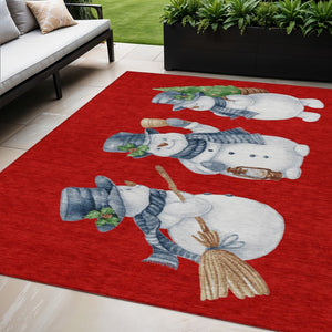 HomeRoots 5' X 8' Cheerful Snowmen Area Rug - Washable, Durable, Perfect for Indoor & Outdoor Use, Red & Blue 621773