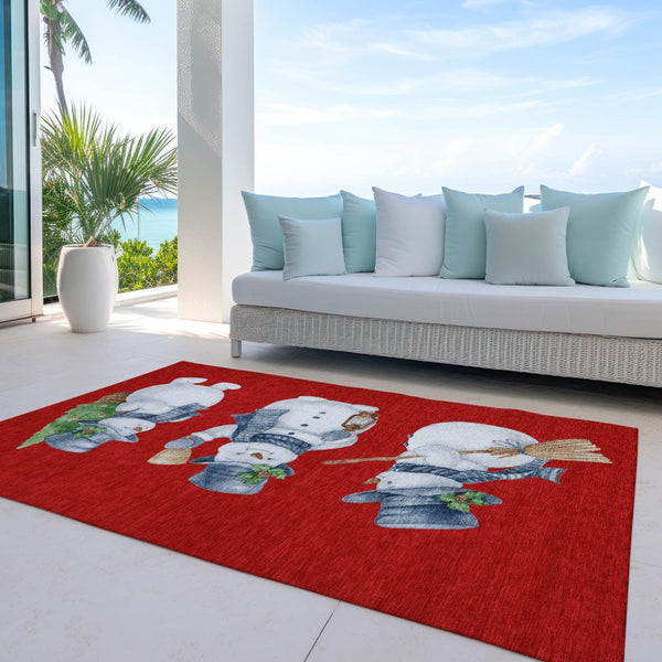 HomeRoots 5' X 8' Cheerful Snowmen Area Rug - Washable, Durable, Perfect for Indoor & Outdoor Use, Red & Blue 621773