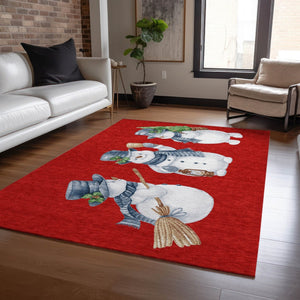 HomeRoots 5' X 8' Cheerful Snowmen Area Rug - Washable, Durable, Perfect for Indoor & Outdoor Use, Red & Blue 621773