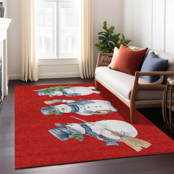 HomeRoots 5' X 8' Cheerful Snowmen Area Rug - Washable, Durable, Perfect for Indoor & Outdoor Use, Red & Blue 621773