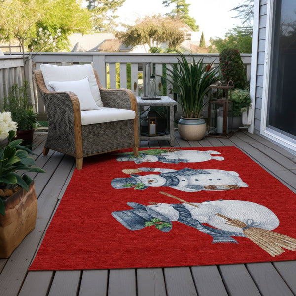 HomeRoots 5' X 8' Cheerful Snowmen Area Rug - Washable, Durable, Perfect for Indoor & Outdoor Use, Red & Blue 621773